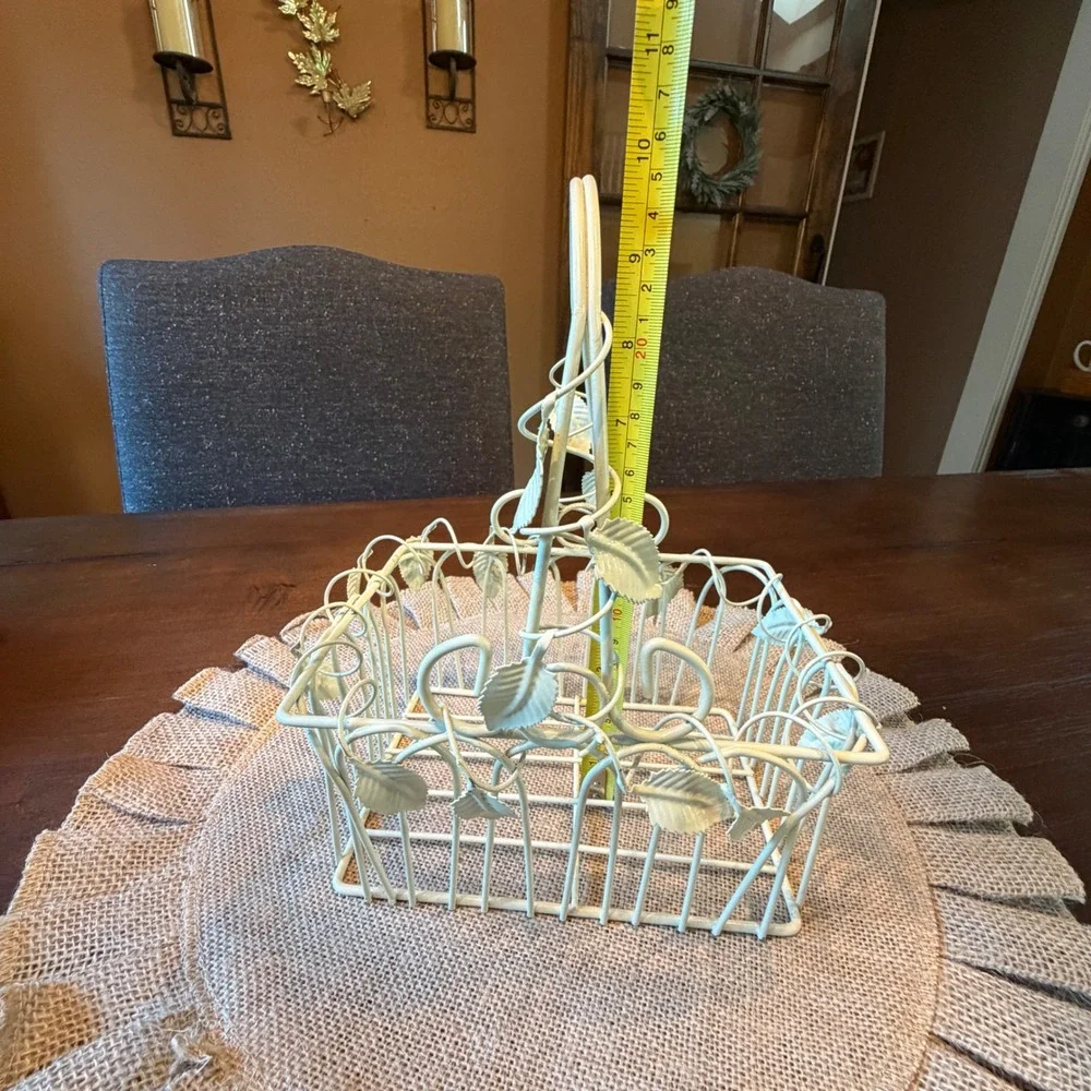 Vintage Cream Metal Wire Basket Leaf Vine Detail Farmhouse Decorative